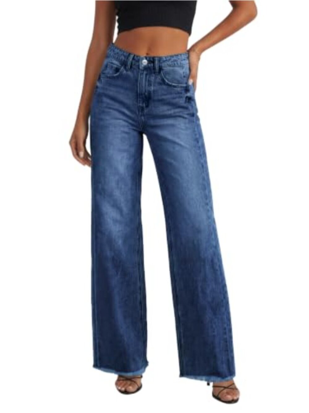 Wide Leg High Waisted Stretchy Loose Fit Denim Jeans Raw Hem Pockets